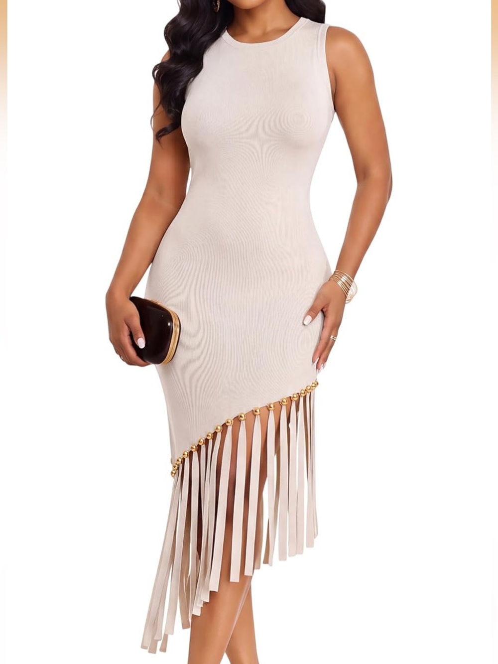 Fringe Hem Bodycon Dress - Cream